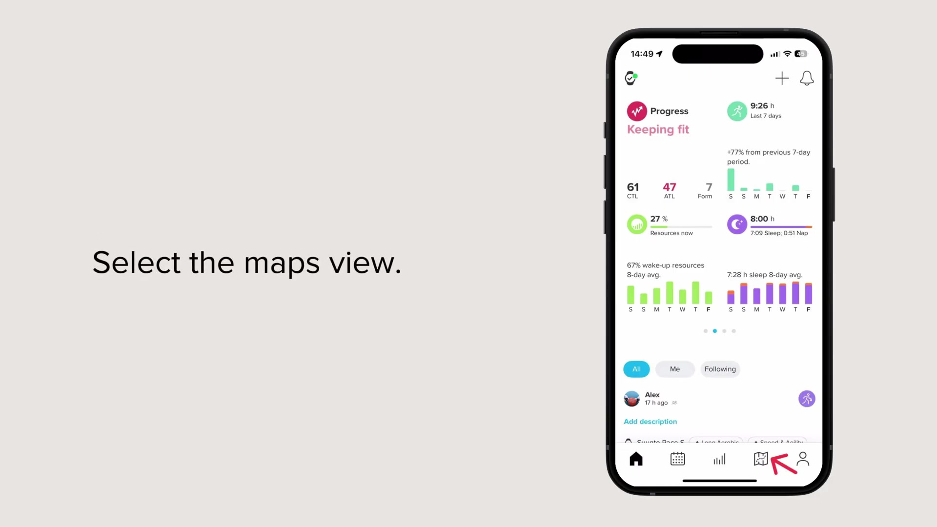 Pour commencer à planifier votre itinéraire, ouvrez l'application Suunto sur votre téléphone. Dirigez-vous vers la section des cartes en sélectionnant "maps". Une fois là, appuyez sur le bouton "+" pour créer un nouvel itinéraire. Sélectionnez votre localisation désirée et commencez à dessiner votre itinéraire en marquant le point de départ et d'autres points clés le long de votre parcours.