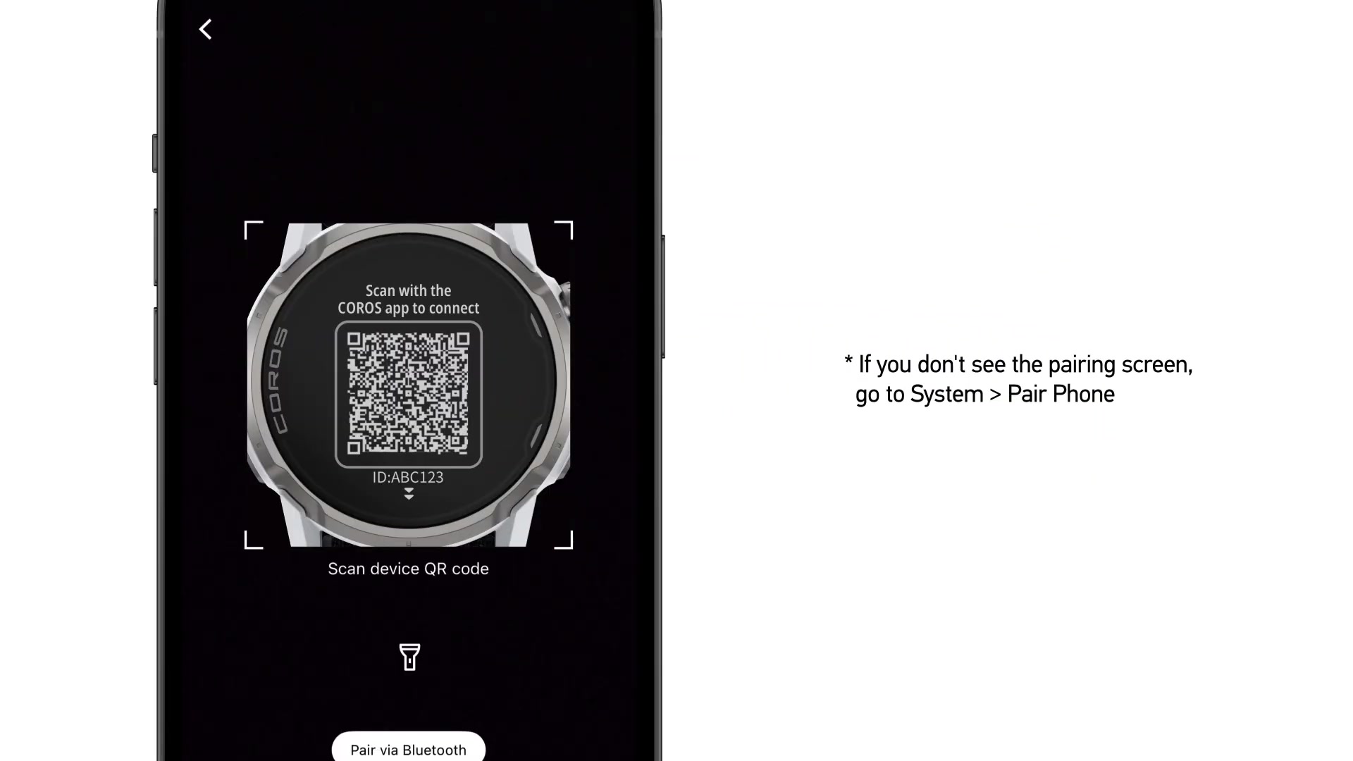 Si votre APEX 4 n'est pas allumée, maintenez appuyé le bouton inférieur droit jusqu'à ce que le logo COROS s'affiche. Pour lancer le processus de jumelage, scannez le code QR affiché à l'écran de votre montre.