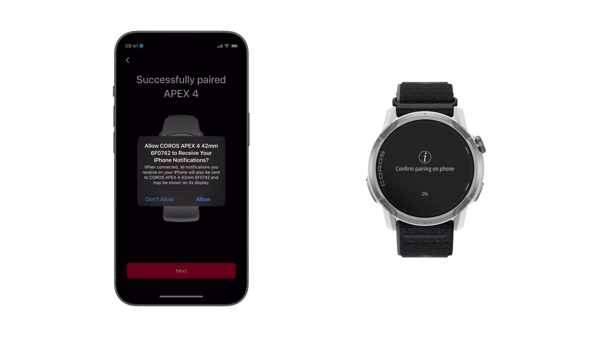 Sélectionnez "Accepter" pour permettre à votre APEX 4 de vous montrer les messages entrants, les notifications, et de prendre des appels téléphoniques directement depuis la montre. Vous serez ensuite guidé à travers la configuration pour personnaliser les réglages et préférences de votre appareil.