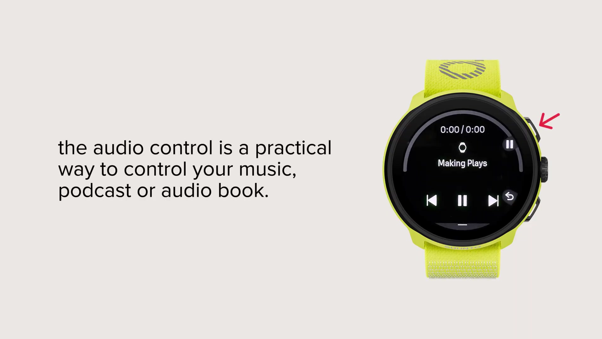 Le contrôle audio sur Sundto Run est conçu pour faciliter la pause de votre musique ou le passage au morceau ou chapitre suivant directement depuis la montre. Cette fonctionnalité se révèle particulièrement pratique lors d'entraînements ou lorsque vous ne pouvez pas utiliser vos mains.