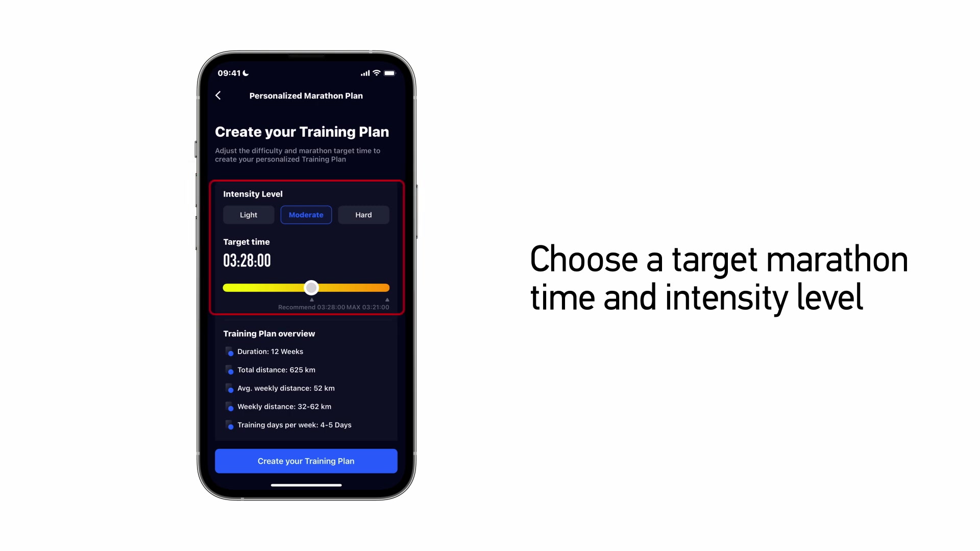 Il est maintenant temps de personnaliser votre plan en définissant votre "Temps Cible" et votre "Niveau d'Intensité". Ces choix influencent la fréquence et la difficulté des entraînements ainsi que la durée totale du plan. Ajustez le curseur pour fixer votre temps cible de marathon, ce qui mettra à jour les détails du plan, tels que le kilométrage hebdomadaire moyen et le nombre d'entraînements suggérés. Lorsque vous êtes prêt, cliquez sur "Créer Votre Plan d'Entraînement" en bas de la page pour consulter les détails de votre nouveau plan, y compris le temps total, le nombre d'entraînements, et plus encore. Vous pouvez basculer entre les kilomètres et les miles et opter pour une visualisation en distance, durée ou charge d'entraînement.