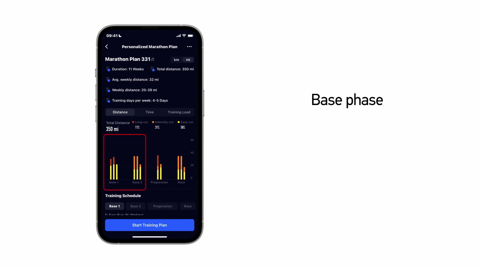 Votre plan est divisé en plusieurs phases, commençant par la "Phase de Base" pour préparer le corps aux entraînements plus intenses à venir. Elle est suivie d'une phase de "Progression" ou "Peak" pour développer force, distance et intensité, et se conclut par une "Phase de Course" pour maintenir la forme physique et réduire l'intensité avant la semaine de course. Chaque semaine, consultez les entraînements individuels comprenant des courses faciles, des intervalles, des longues distances, et des séances de musculation.