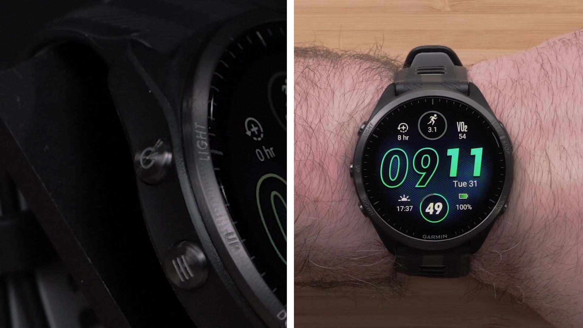 Utilisez le bouton LIGHT pour ajuster la luminosité de l'écran. Maintenez-le enfoncé pour accéder au menu des commandes, où vous pouvez verrouiller la montre, activer l'assistance, accéder au portefeuille Garmin Pay™, et plus encore. Les boutons UP et DOWN vous permettent de naviguer à travers les widgets, menus et écrans de données. Maintenez le bouton UP pour personnaliser le cadran de la montre, régler les alarmes, consulter l'historique d'activité, et bien plus. Dans de nombreux cas, l'écran tactile est également utilisable.