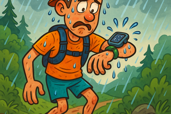 un trail runner regarde sa montre sous la pluie et il est désemparé par ce que sa montre est mouillée et ne marche plus