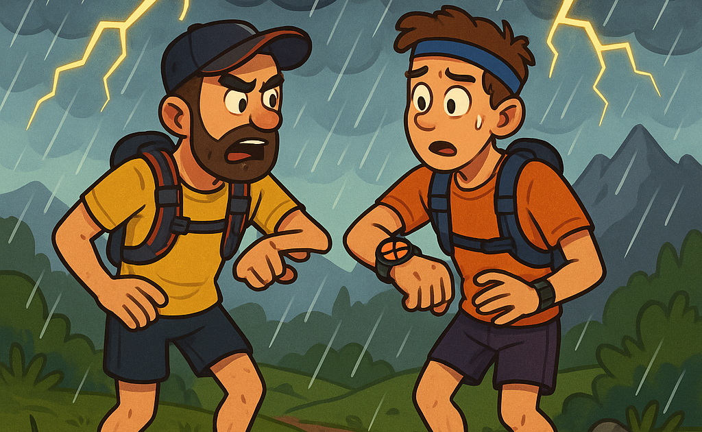 un traileur montre a un autre traileur que sa montre dit faux sous un orage