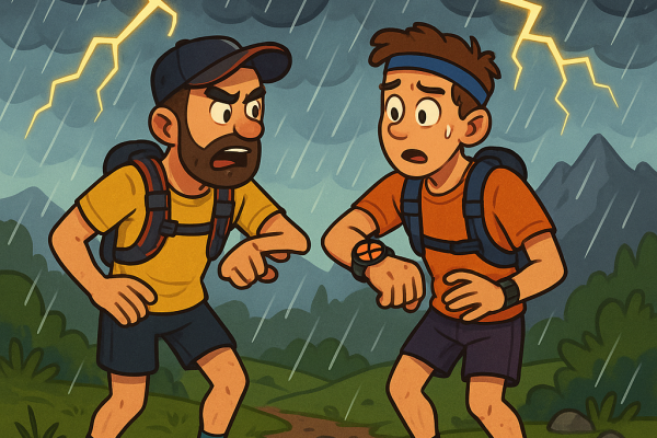 un traileur montre a un autre traileur que sa montre dit faux sous un orage