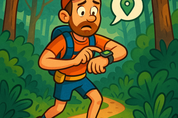 un traileur perdu dans la foret cherche le signal gps avec sa montre