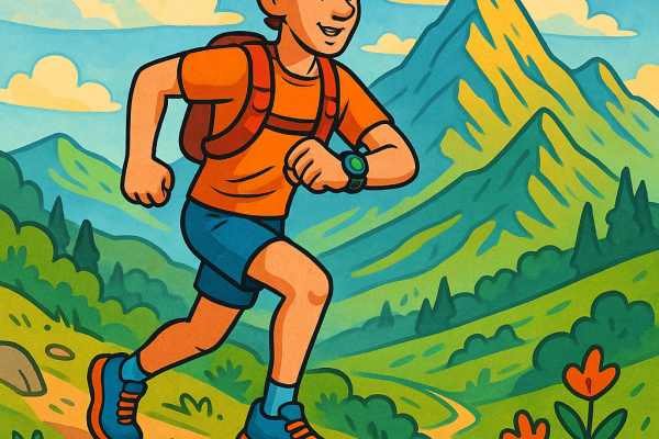 Un traileur court dans la montagne avec une montre gps