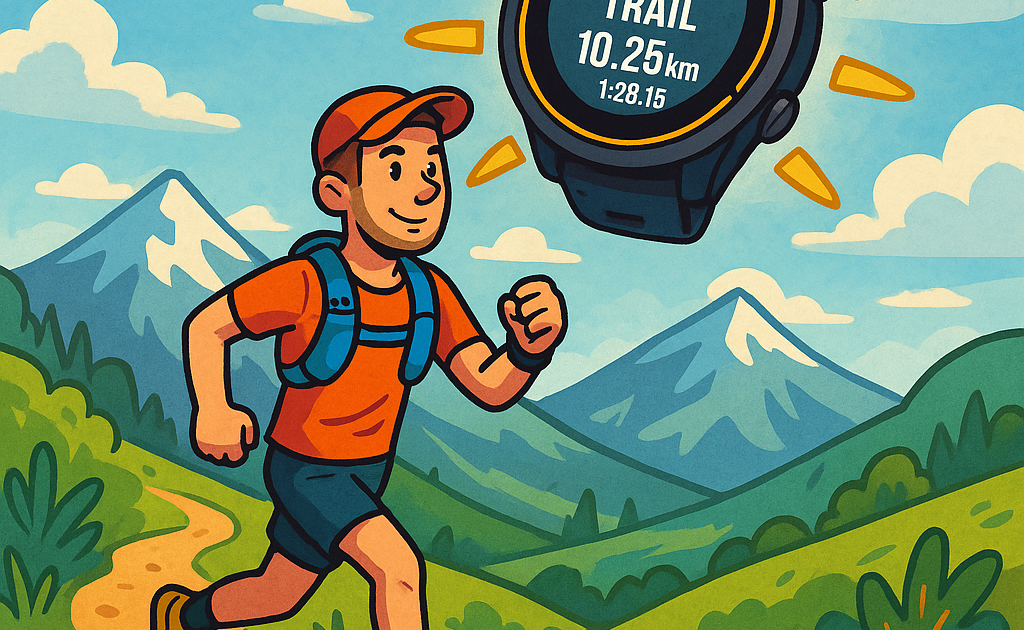 Un traileur court dans la montagne avec une montre gps dans le ciel en forme de soleil