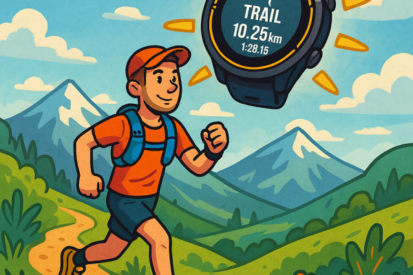 Un traileur court dans la montagne avec une montre gps dans le ciel en forme de soleil